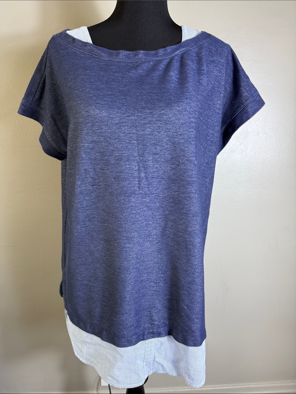 Lane Bryant Layered-Look Short Sleeve Top Boatneck Blue Heather Pinstriped 14/16